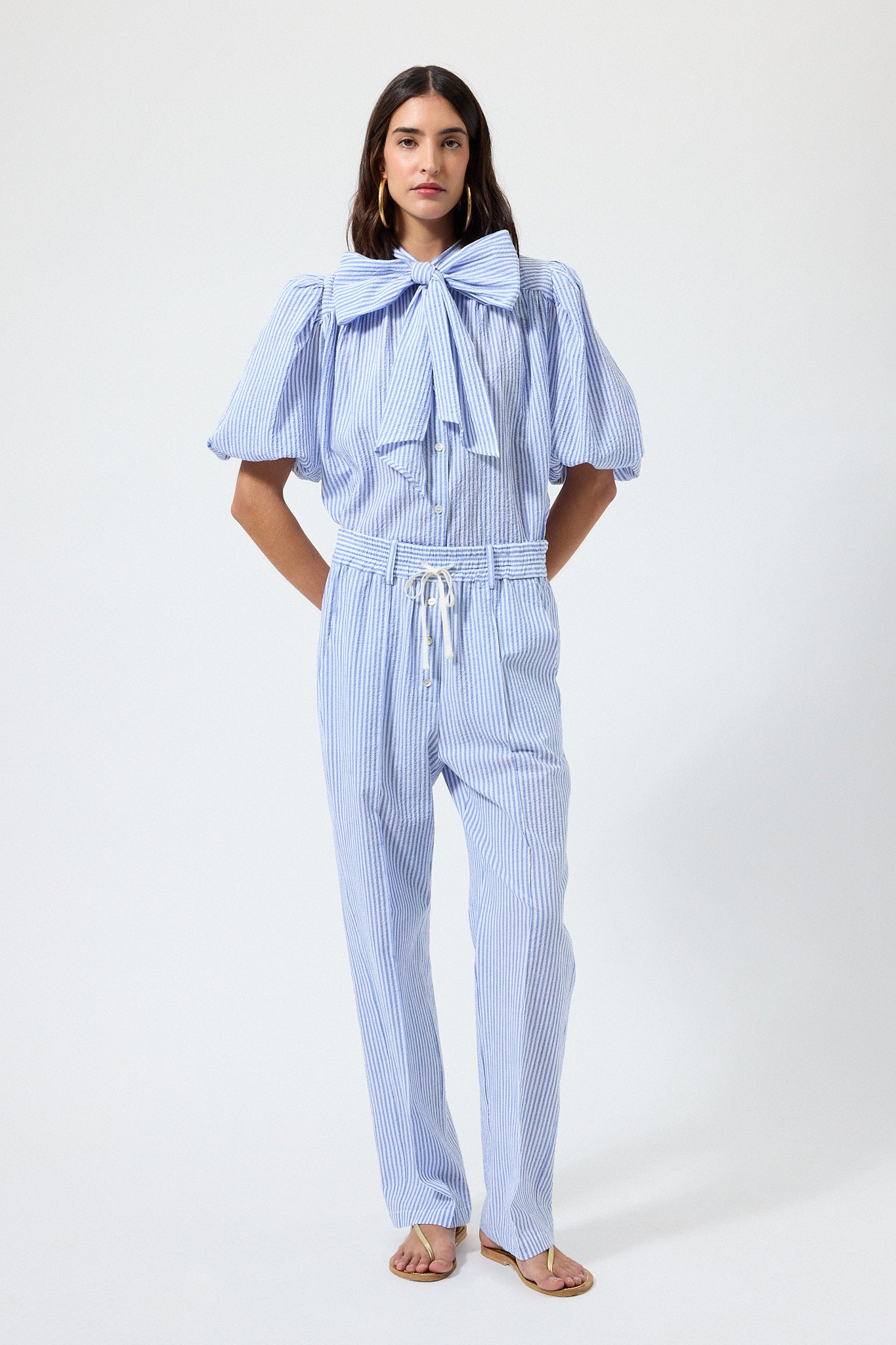 Women's High-Waisted Striped Seersucker Pants | The Label Edition