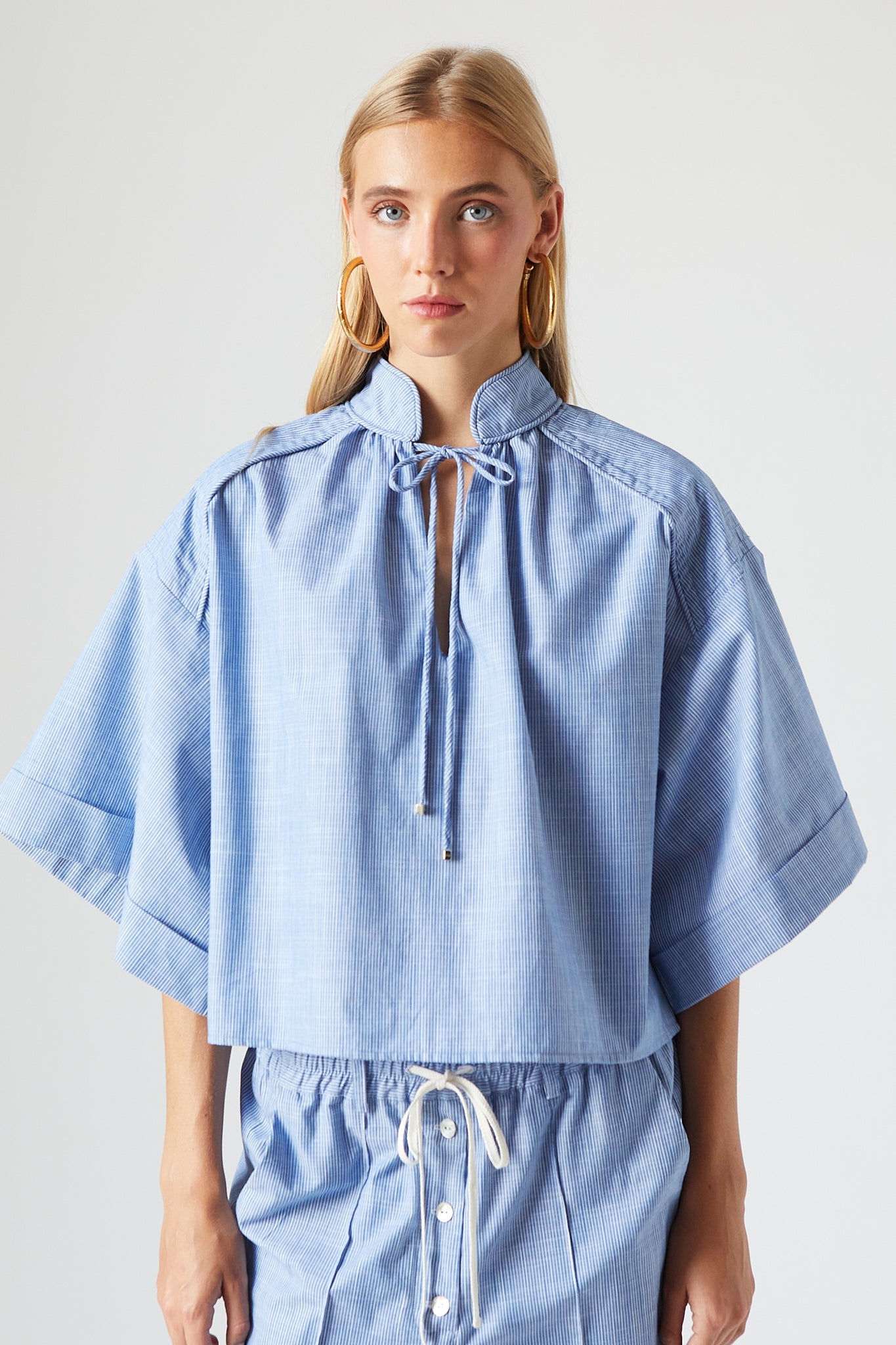 Women's Blue Cotton Top with Mandarin Collar | The Label Edition